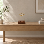 Adjustable incense burner in Walnut & Brass on a 120 cm wide oak console table in a calm room