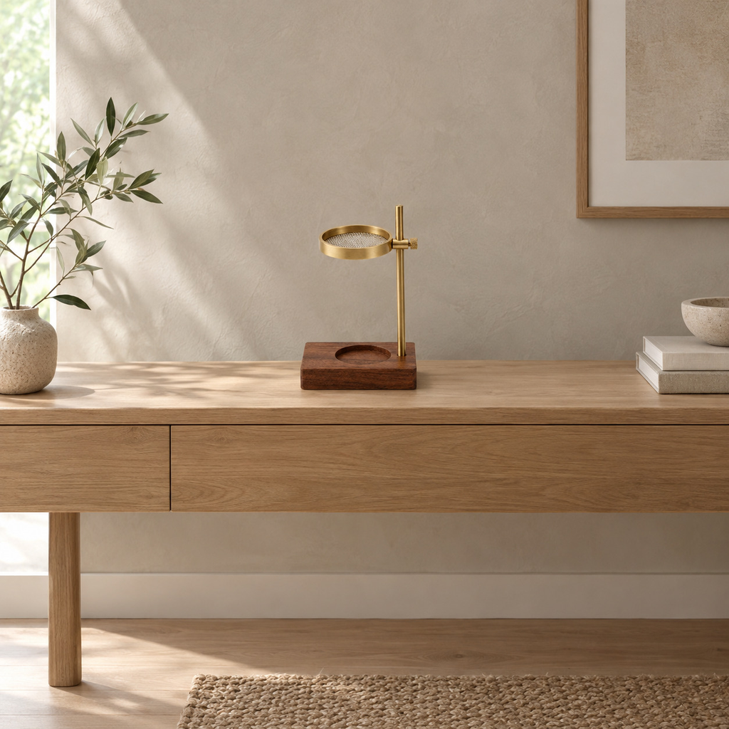 Adjustable incense burner in Walnut & Brass on a 120 cm wide oak console table in a calm room