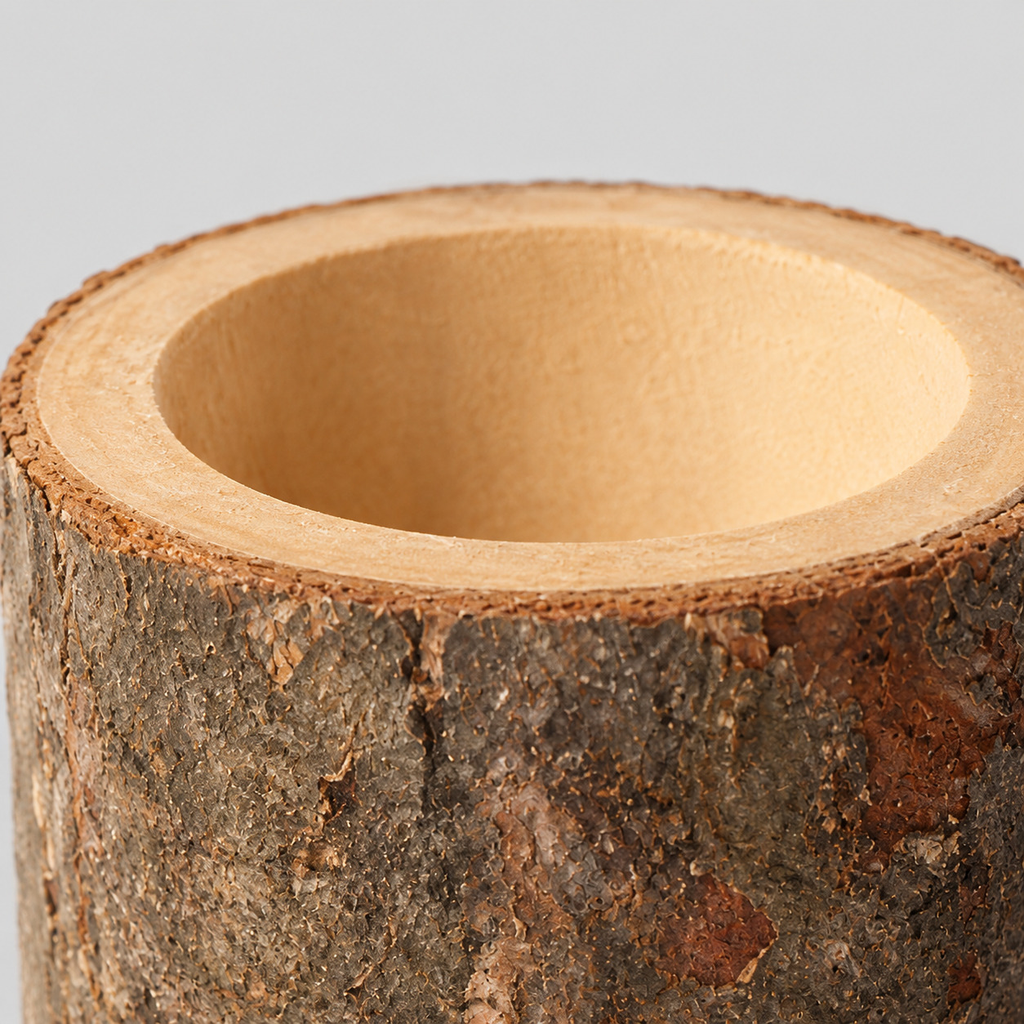 Close up of the smooth cut wooden rim of the natural bark stump candle holder.