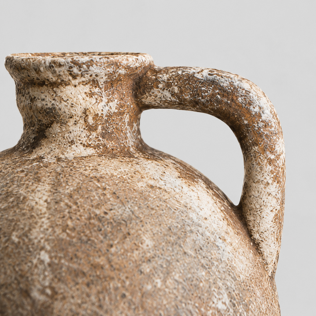 Close up of the curved ceramic handle of the rustic weathered ceramic vase.