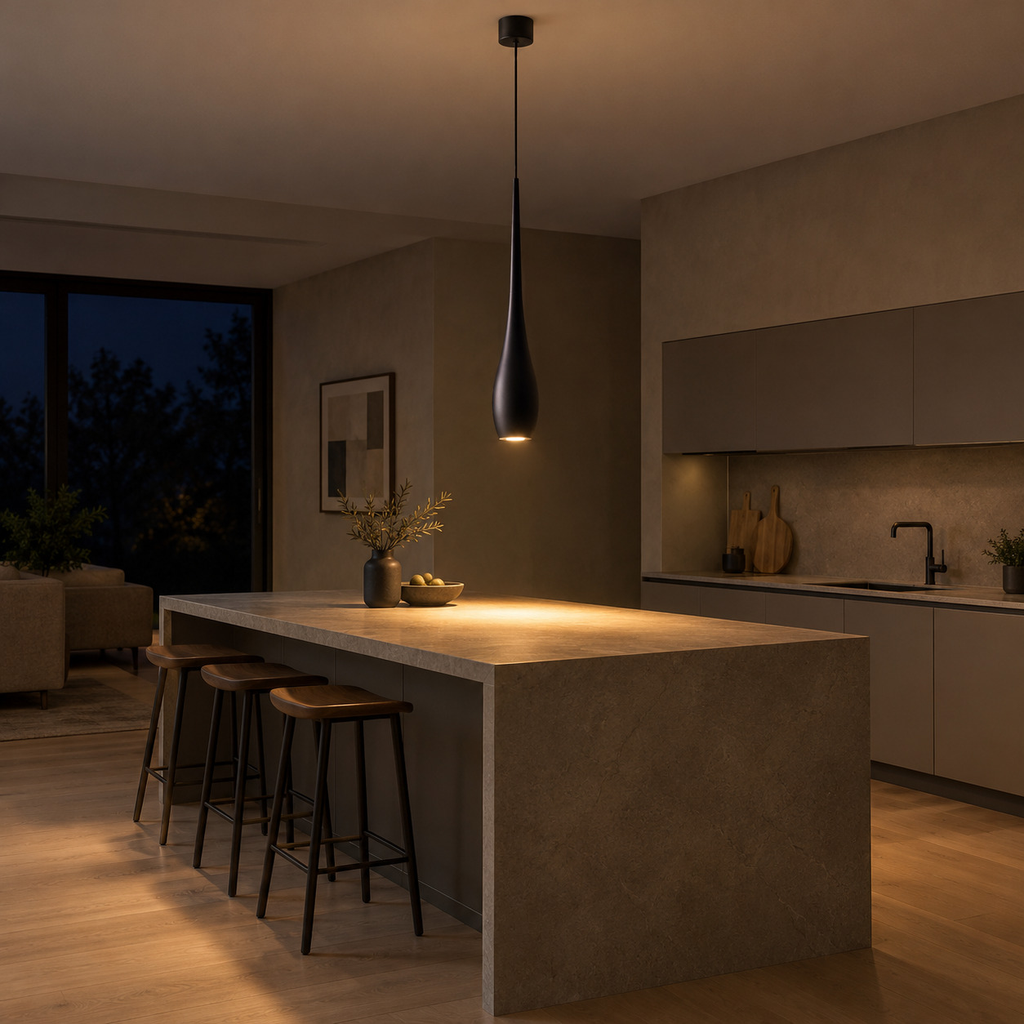 Matte Black slender teardrop pendant light lit in the evening hanging above a 180 cm long kitchen island, the only light in the room.