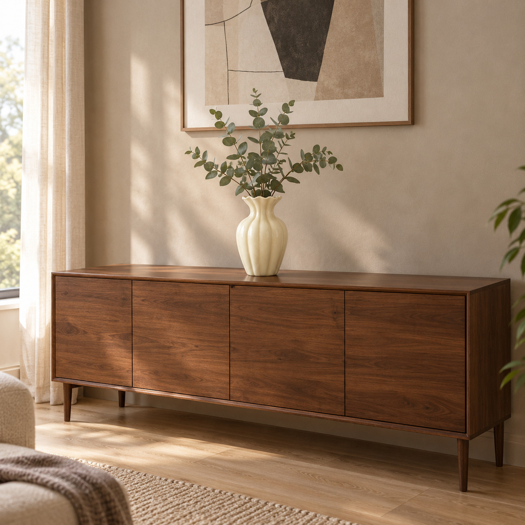 Cream fluted ruffled ceramic vase on a 160 cm wide walnut sideboard beneath a framed print with a bunch of eucalyptus in the vase.