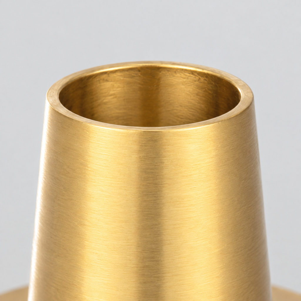 Close up of the smooth circular rim of the candle cup of the brass taper candle holder