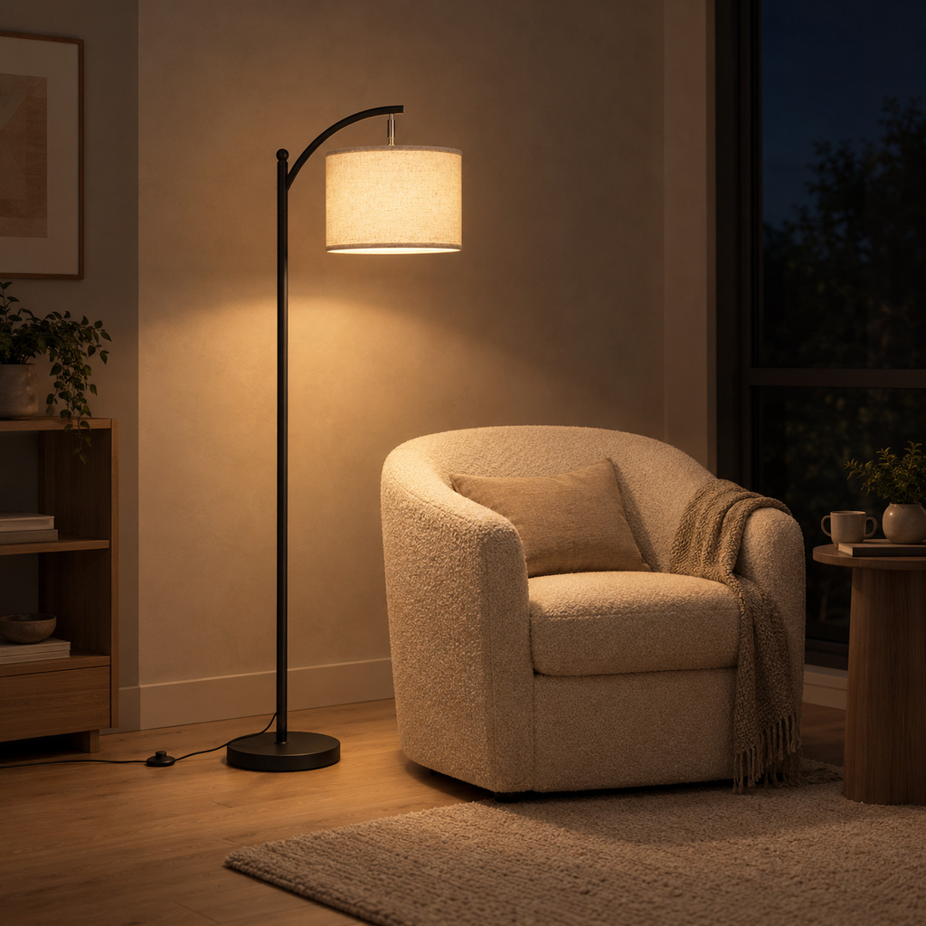 Matte Black arched floor lamp lit in the evening standing on the floor beside an 80 cm wide boucle armchair in a reading corner, the only light in the room.