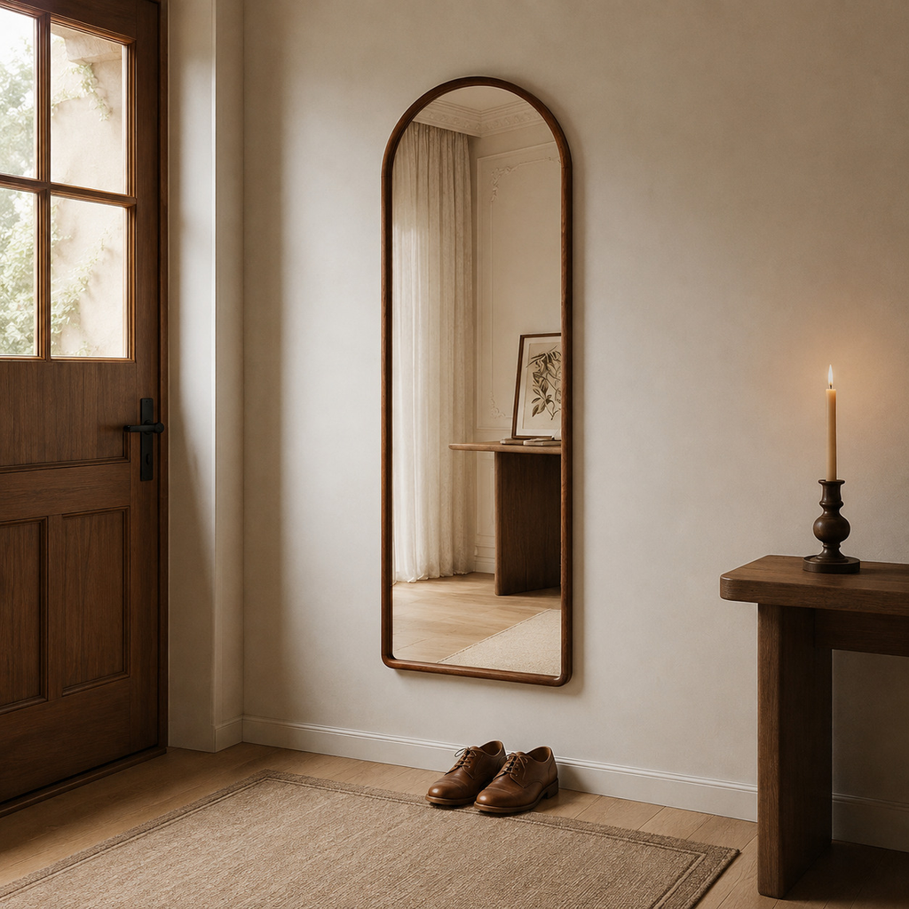 Arched solid wood full-length mirror in Walnut finish mounted on the plaster wall of an entryway beside a 90 cm wide front door with leather shoes placed beneath it.