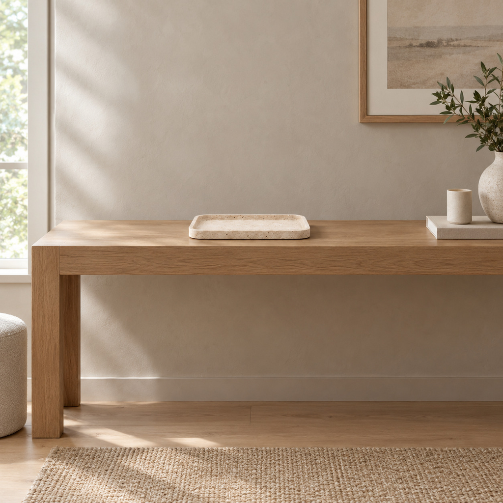 Rectangular travertine catchall tray in Beige Travertine on an oak console table in a calm room.