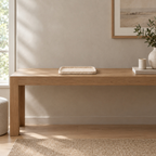 Rectangular travertine catchall tray in Beige Travertine on an oak console table in a calm room.