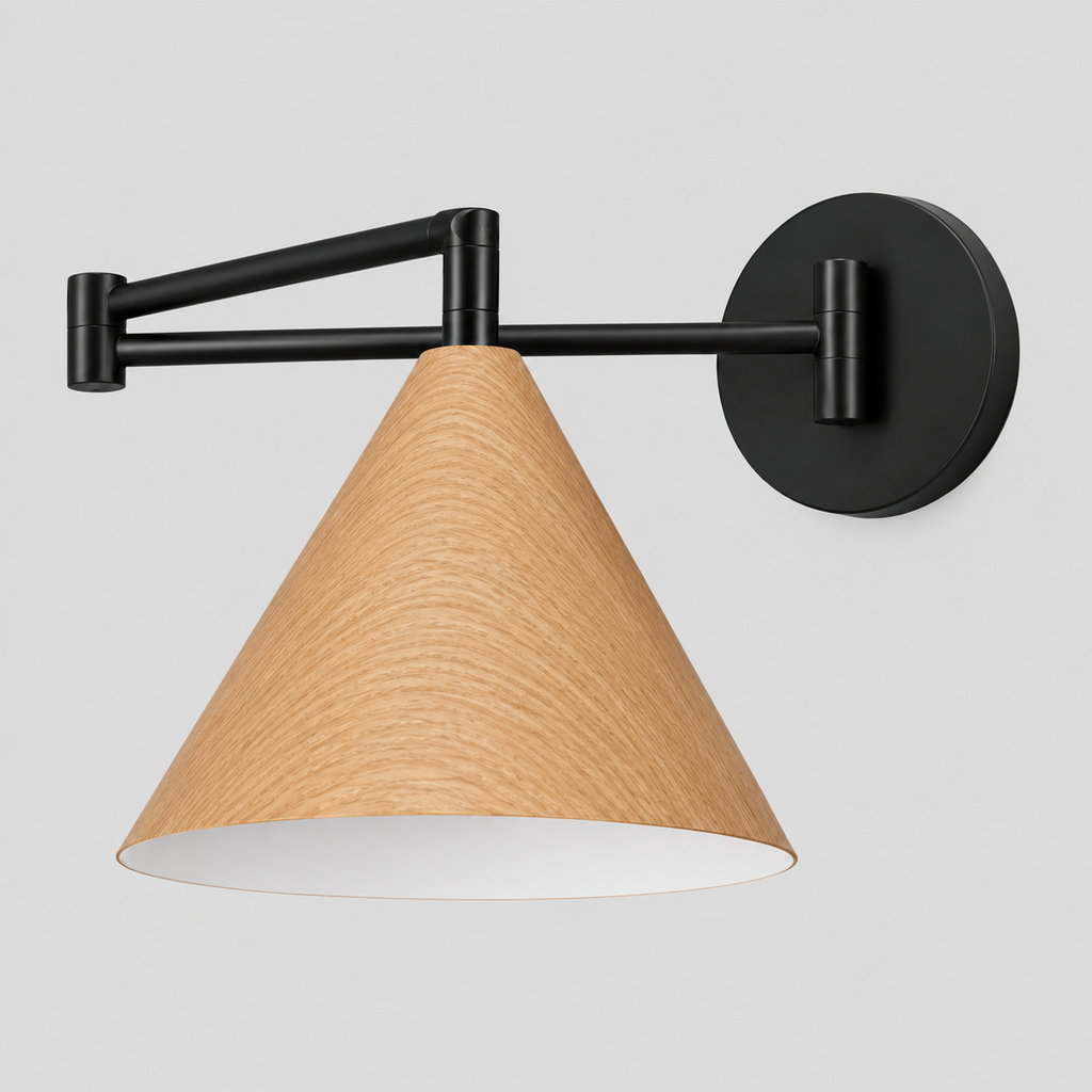 Natural Ash swing-arm wall sconce with a conical shade and black articulated arm on a light gray studio background.
