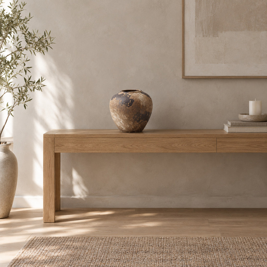 Weathered ceramic vase in Weathered Brown on an oak console table in a calm room.