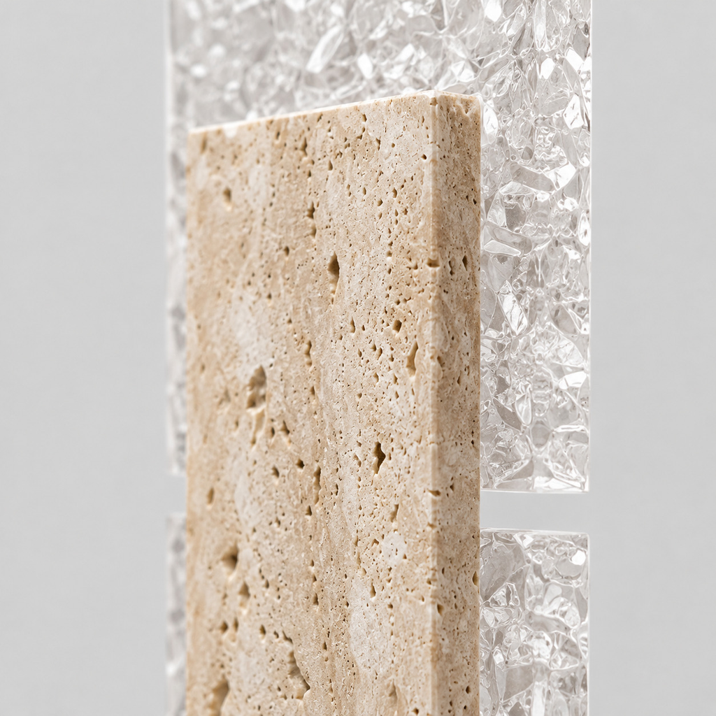 Close up of the textured ice-pattern acrylic diffuser panel of the yellow travertine block wall sconce in Yellow Travertine.
