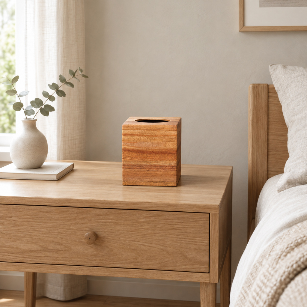 Square wooden tissue box cover in Acacia Wood on a 48 cm wide oak bedside table in a calm room
