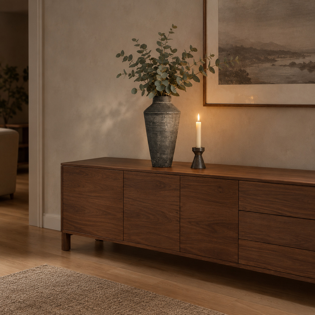 Antique Gray textured ceramic urn vase on a 160 cm wide walnut sideboard beneath a framed print with a bunch of eucalyptus in the vase.