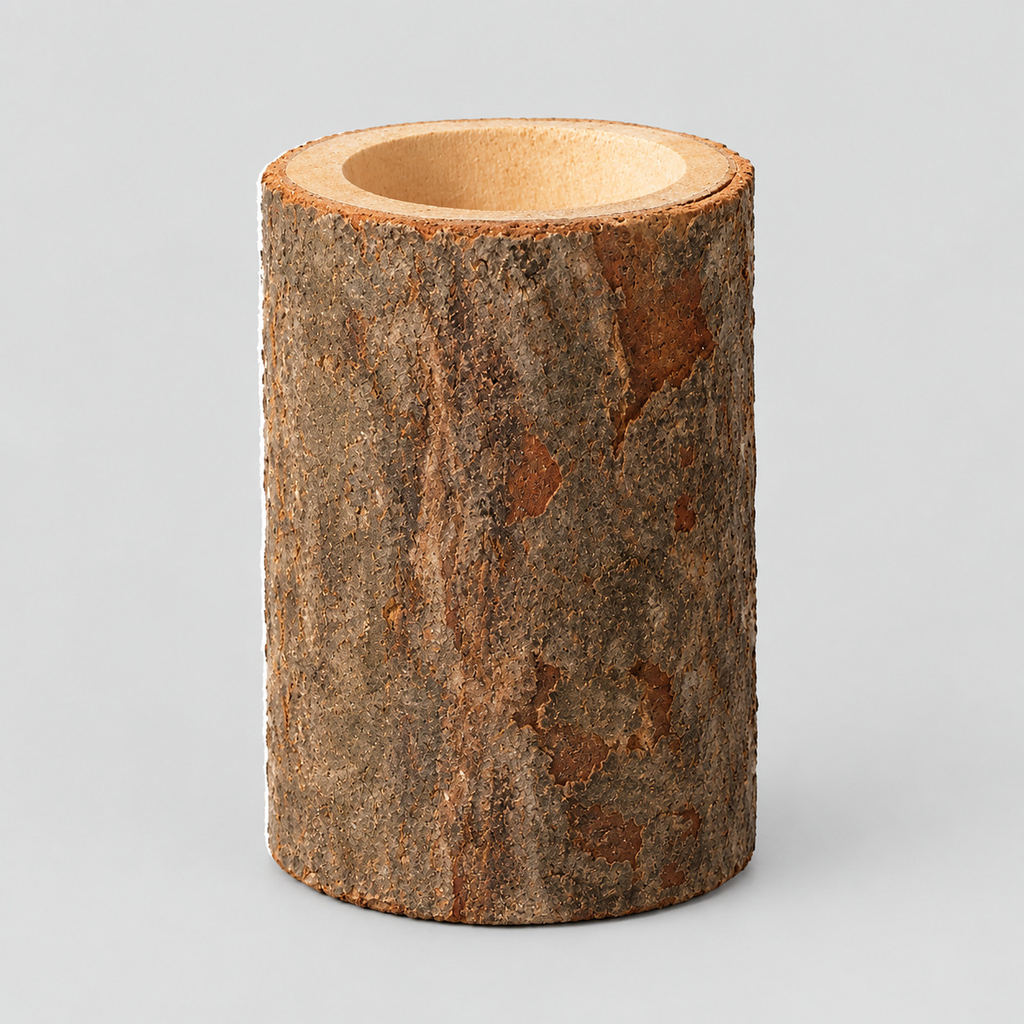 Natural bark stump candle holder in Natural Bark on a light gray studio background, in its Tall shape