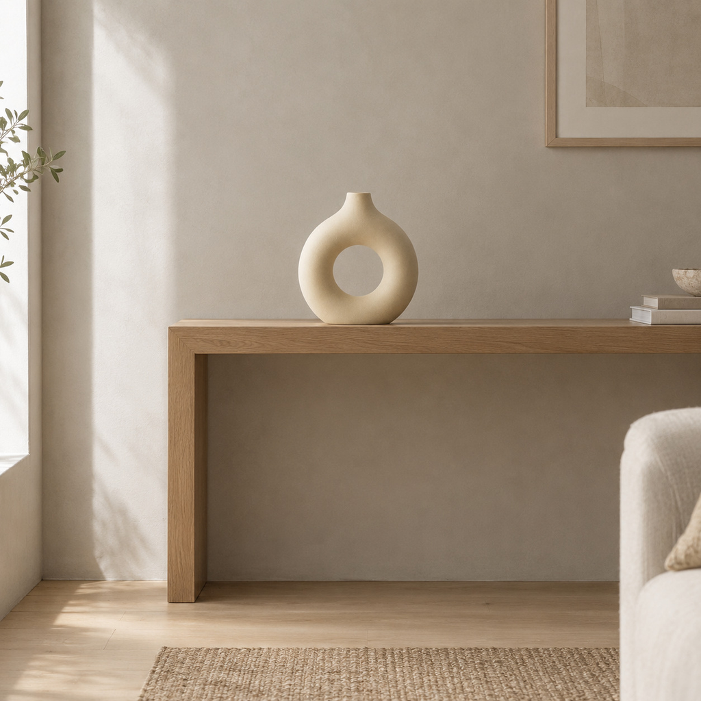Beige hollow round ceramic vase on an oak console table in a calm room.