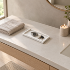 Rectangular marble vanity tray in Carrara White on a 90 cm wide bathroom vanity with a set of keys and a watch on the tray