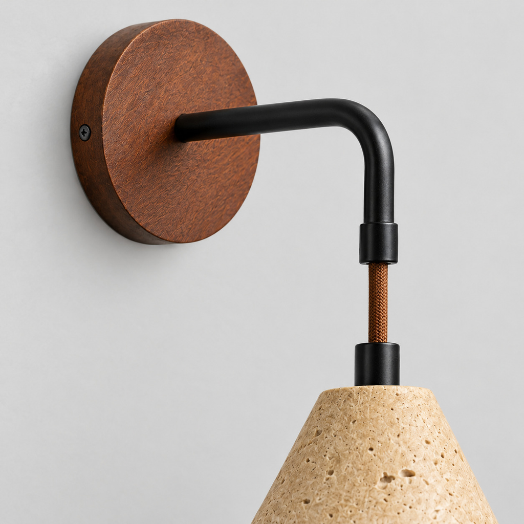 Close up of the round canopy against the wall of the conical travertine wall sconce in Travertine