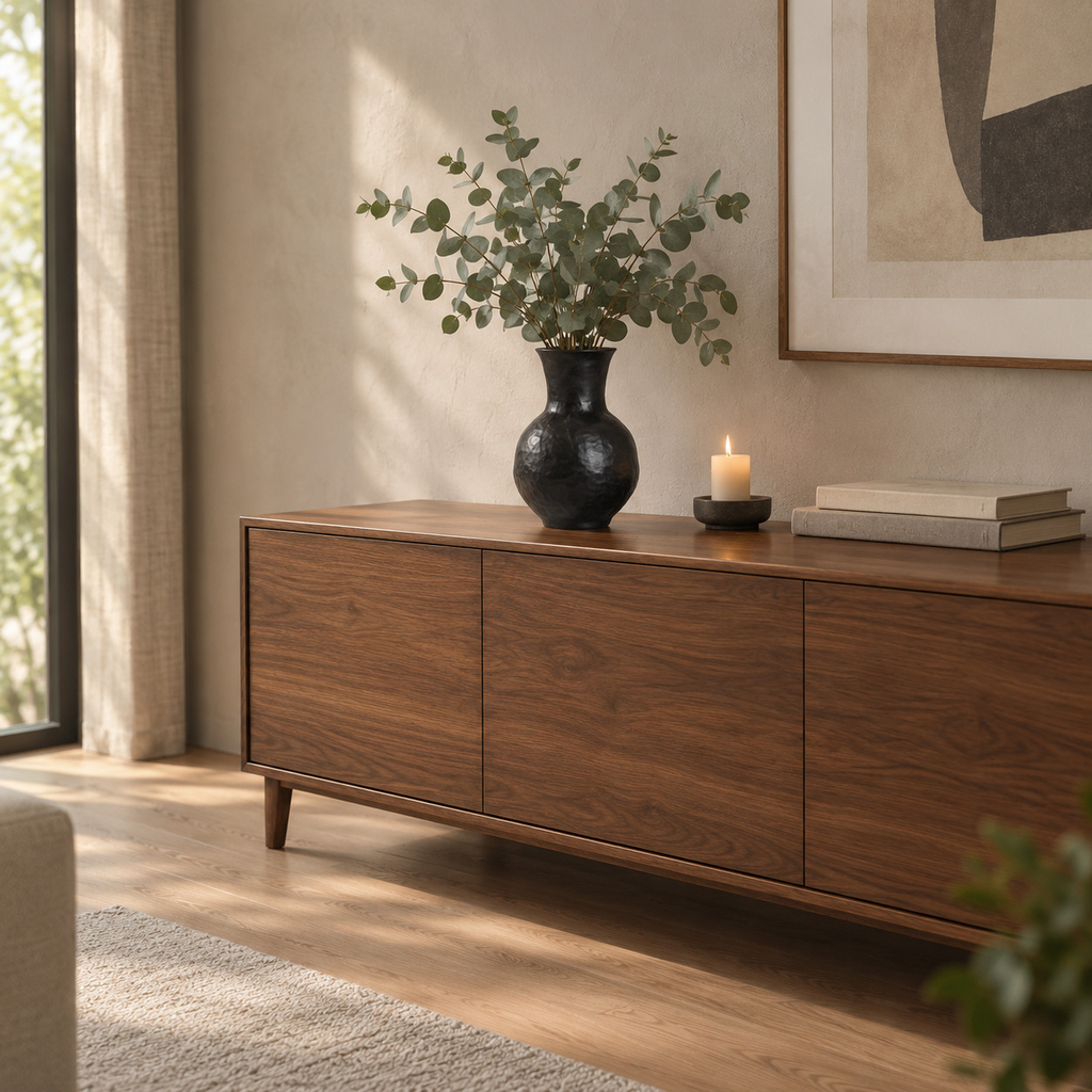 Black textured ceramic vase on a 160 cm wide walnut sideboard beneath a framed print with a bunch of eucalyptus in the vase.