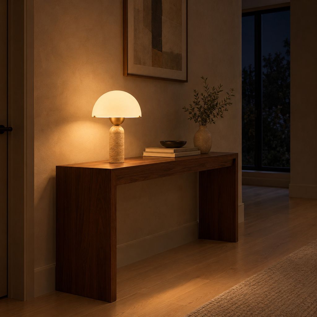 Travertine dome table lamp lit in the evening standing on a 120 cm wide walnut console table in a hallway, the only light in the room