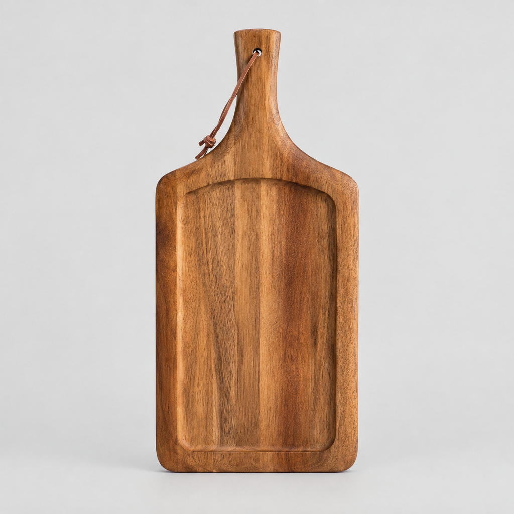 Acacia wood handled serving board in Natural Acacia on a light gray studio background.
