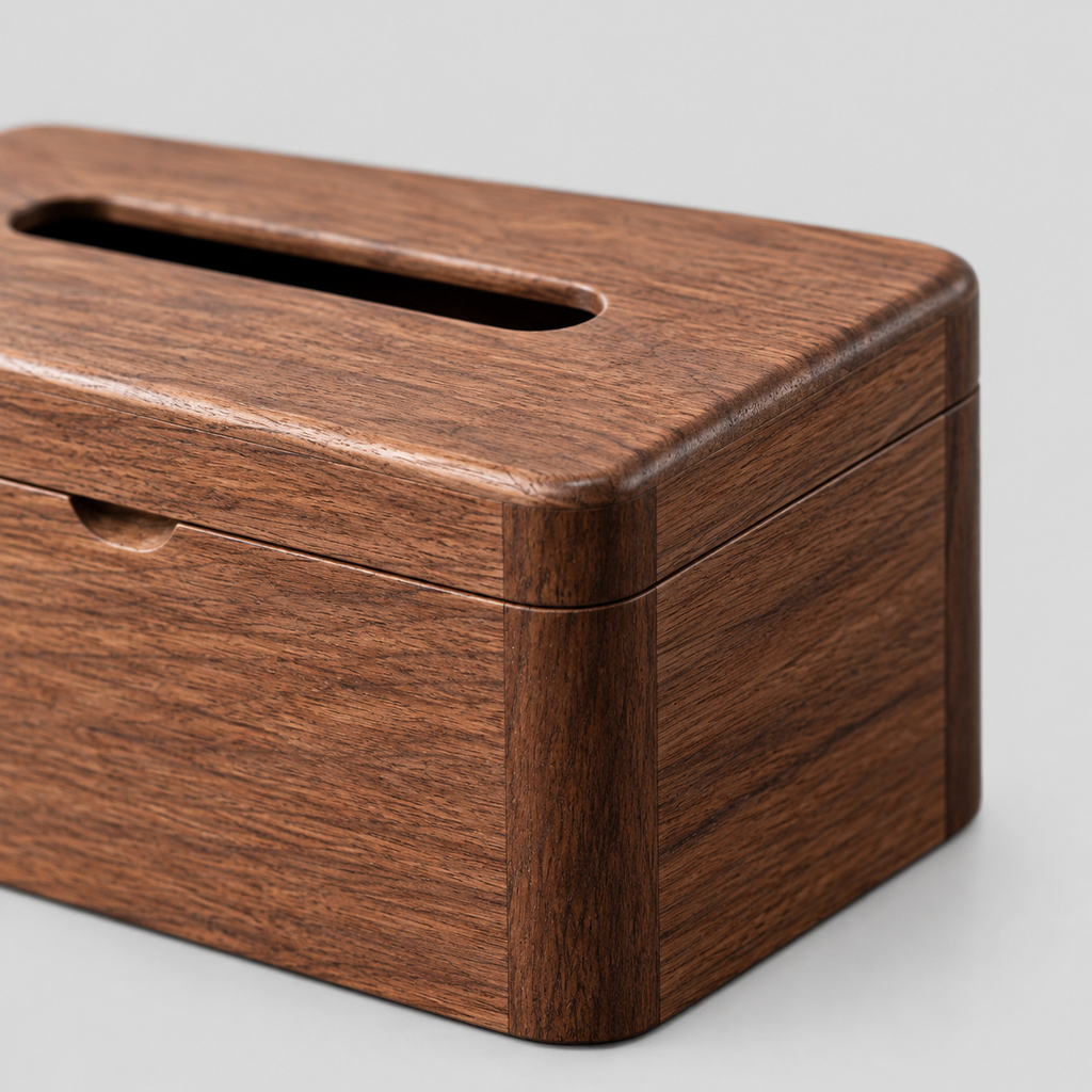 Close up of the flush corner joint of the solid walnut hinged tissue box.