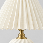 Close up of the weave or fabric texture of the shade on the Milk White fluted ceramic table lamp