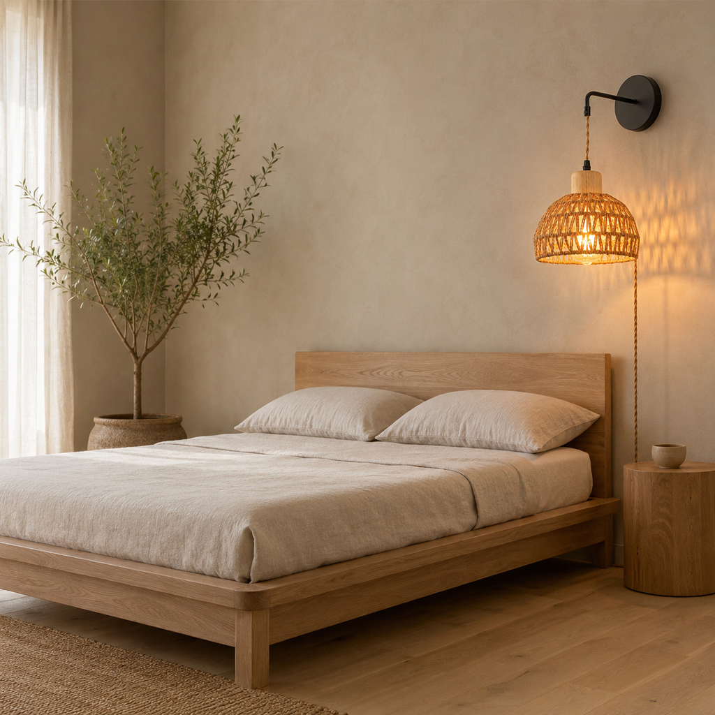 Natural Rope woven dome wall sconce lit beside a 150 cm wide double bed against a plain wall