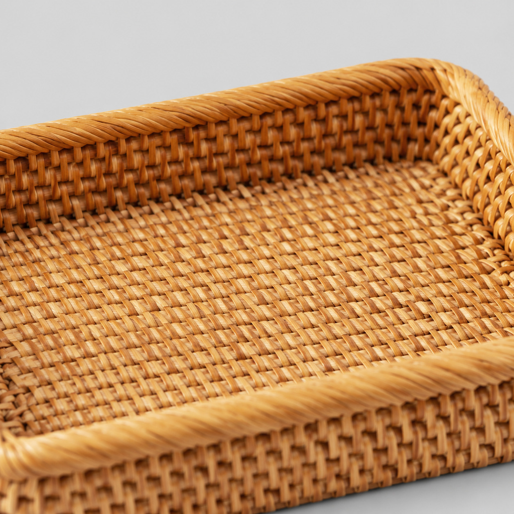 Close up of the tight weave of the flat base of the natural rattan tray.