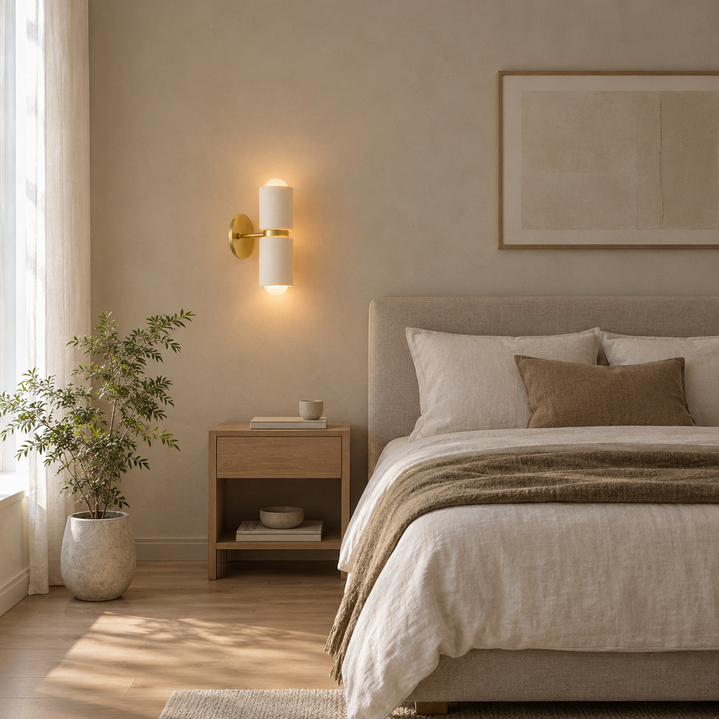 Dual-light ceramic wall sconce lit beside a double bed against a plaster wall