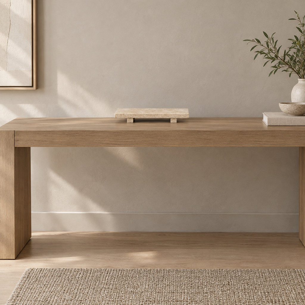 Footed rectangular travertine tray in Beige Travertine on an oak console table in a calm room