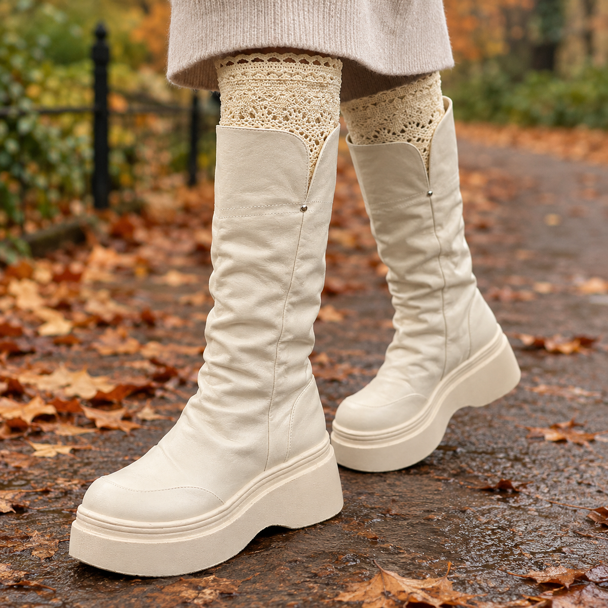 Dalmasso Lace Cuff Boots - Off White