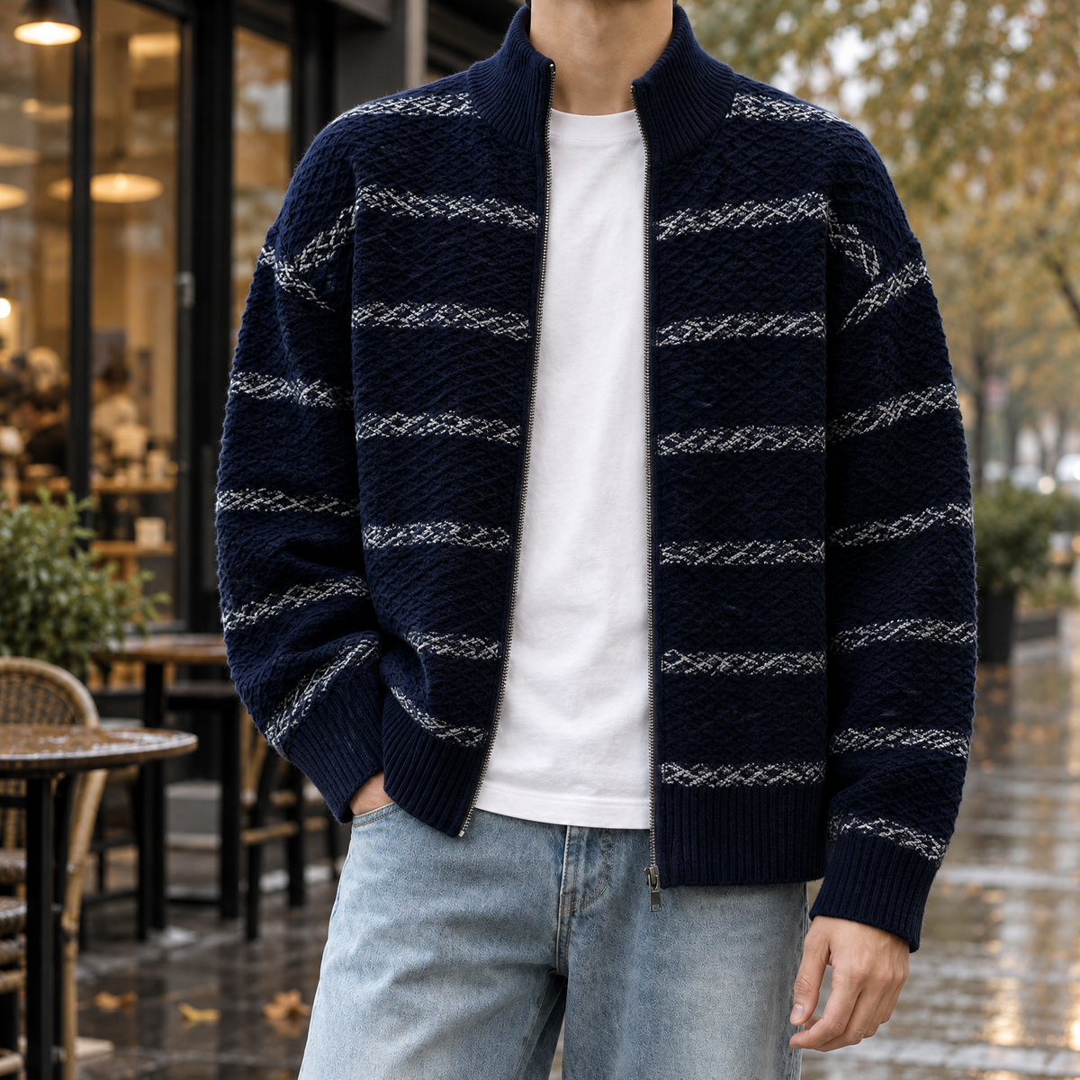 Balthasar Textured Zip Cardigan - Navy Blue