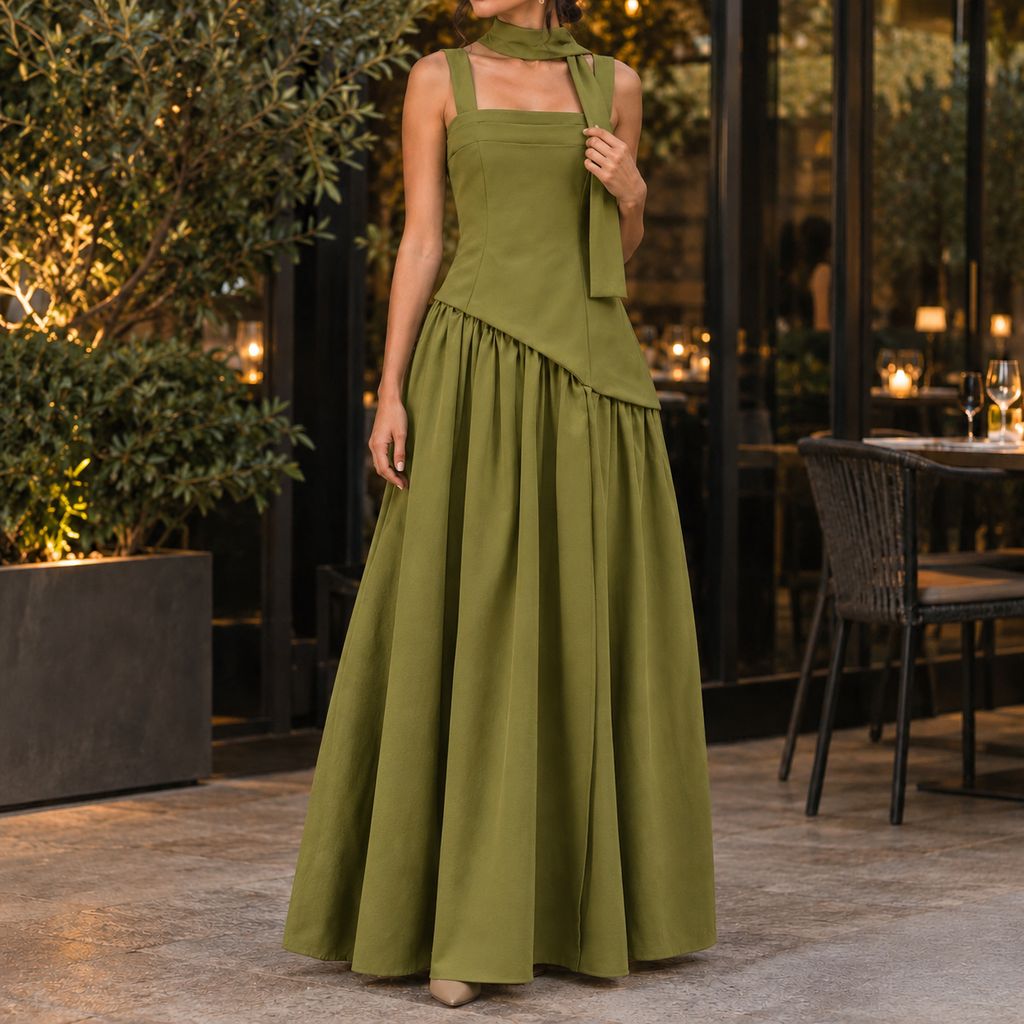 Ines Asymmetric Maxi Dress - Olive