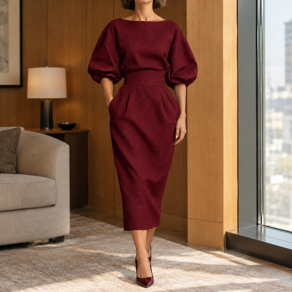 Alice Pleated Midi Dress - Wine Red