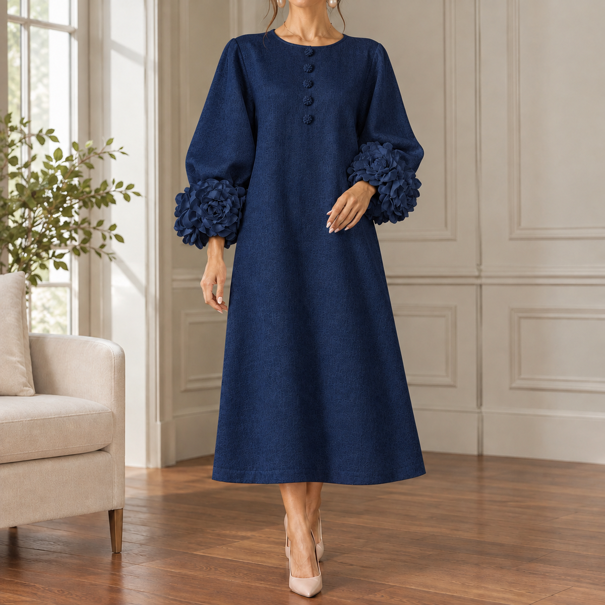 Bianca Floral Cuff Dress - Navy Blue