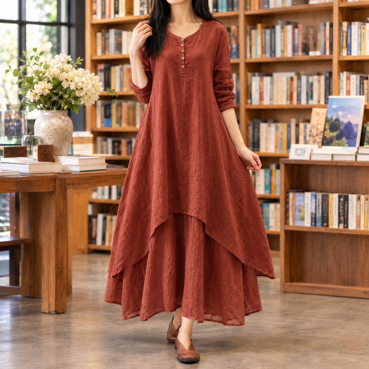 Ada Layered Maxi Dress - Brick Red