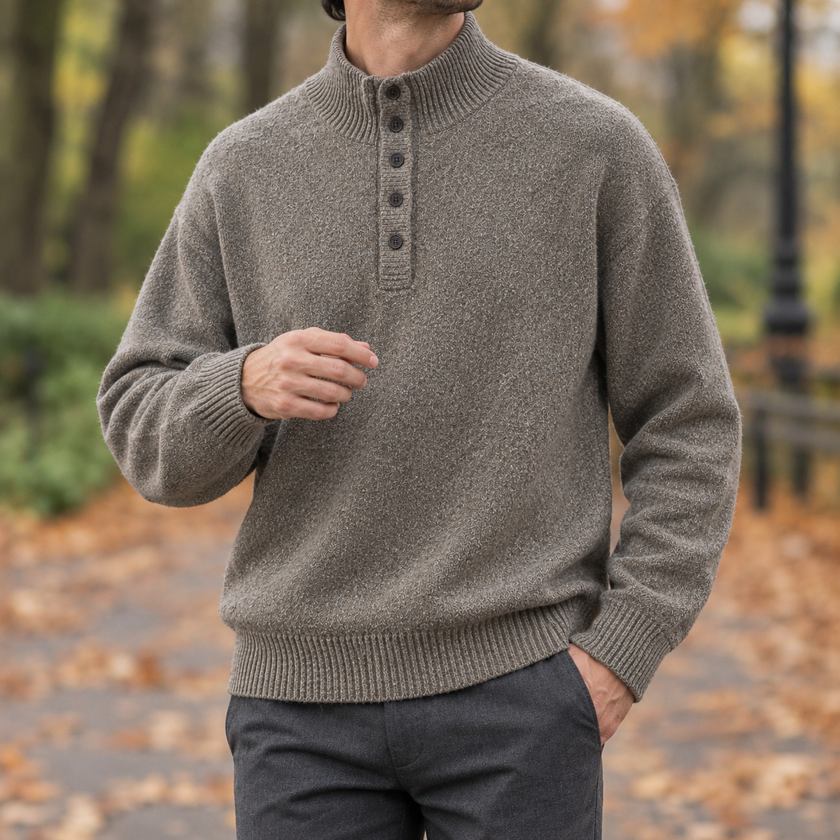 Damian Stand Collar Sweater - Khaki Green