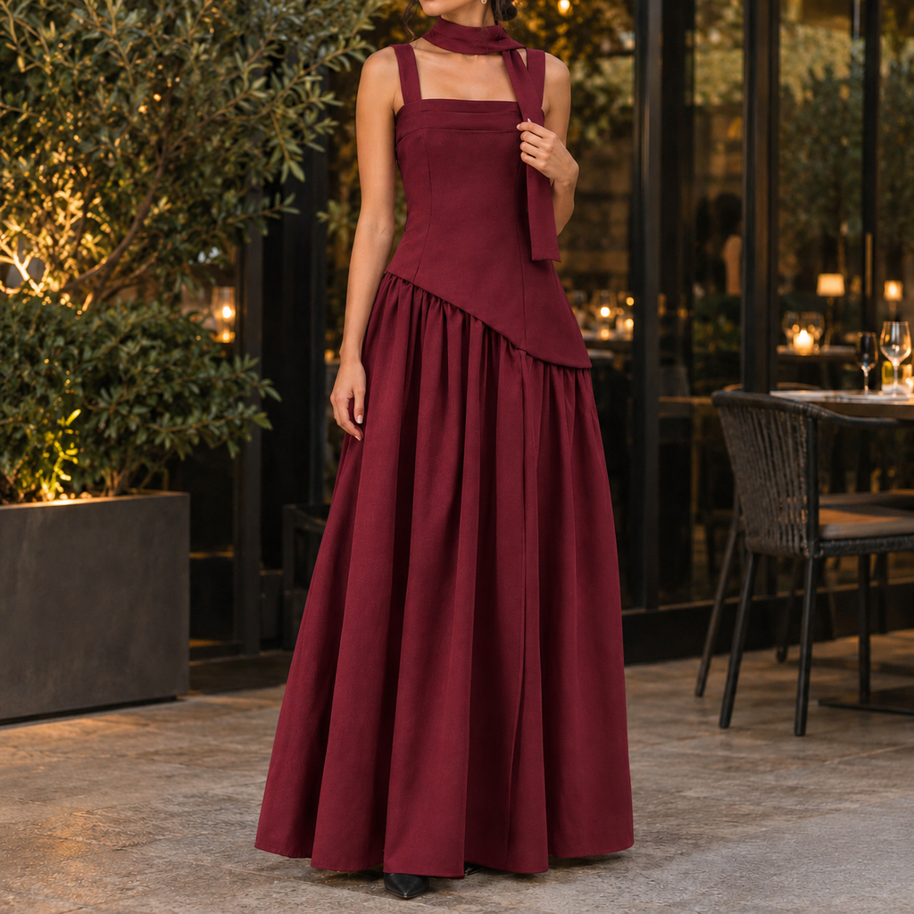 Ines Asymmetric Maxi Dress - Deep Red