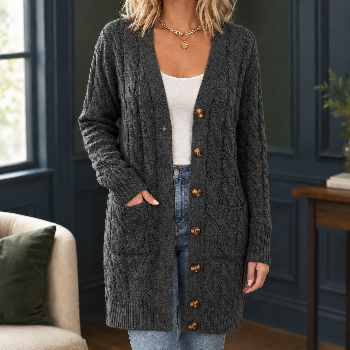Paloma Cable Knit Cardigan - Dark Gray