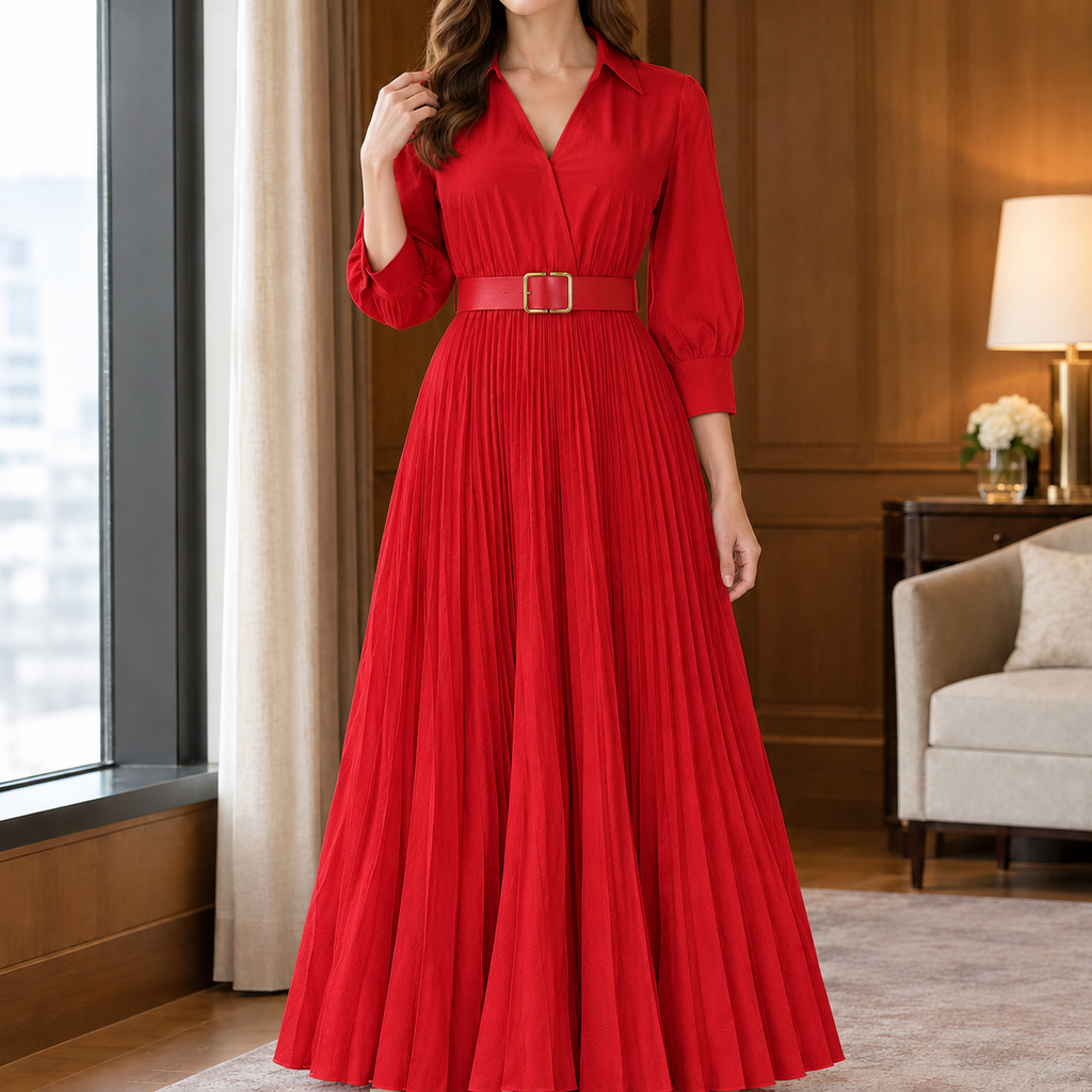 Marcella Pleated Midi Dress - Red