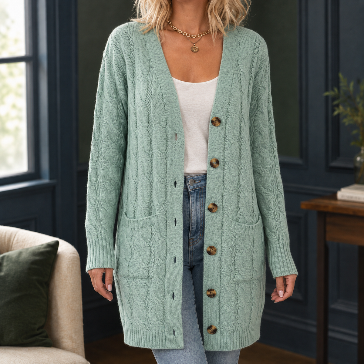Paloma Cable Knit Cardigan - Bean Green