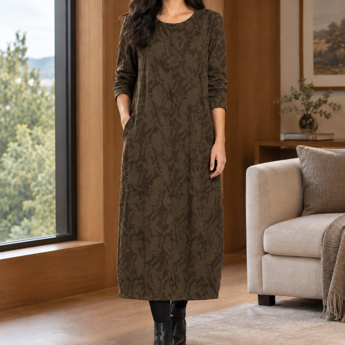 Azalea Patterned Midi Dress - Khaki