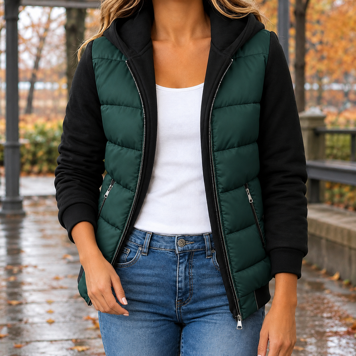 Nadia Colorblock Puffer Jacket - Dark Green