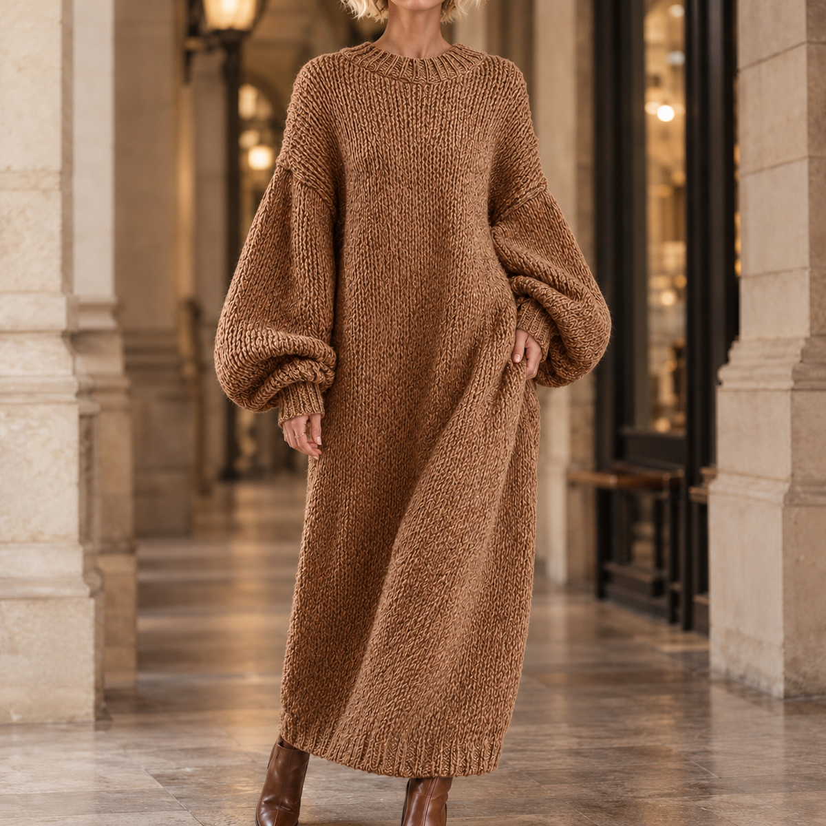 Matilda Lantern Sleeve Dress - Light Brown