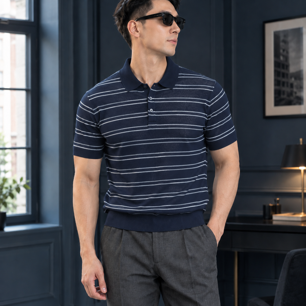Holden Striped Polo - Navy Blue