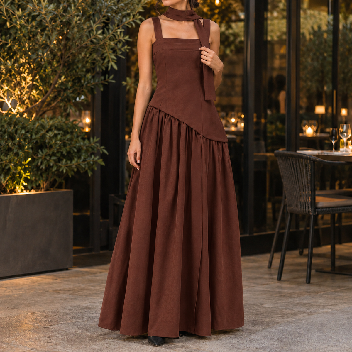 Ines Asymmetric Maxi Dress - Brown