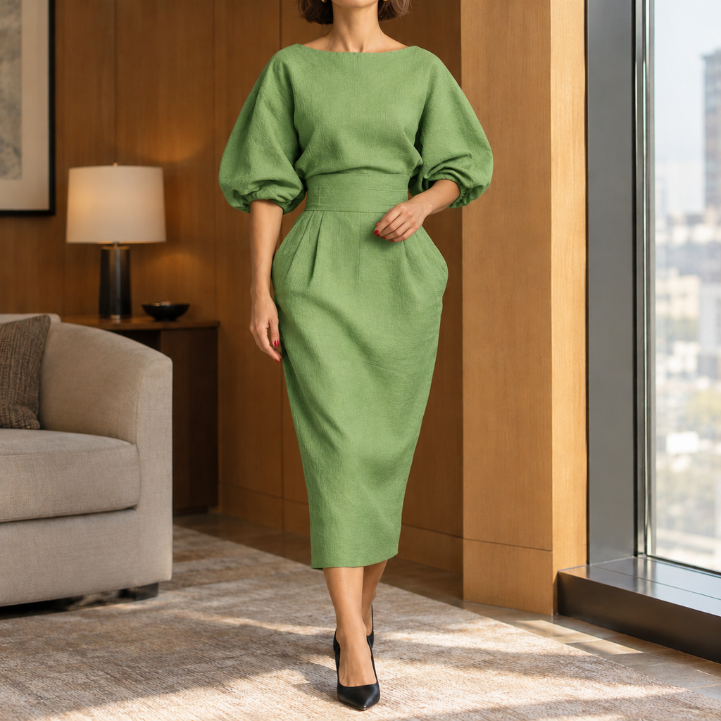 Alice Pleated Midi Dress - Yellowish Green