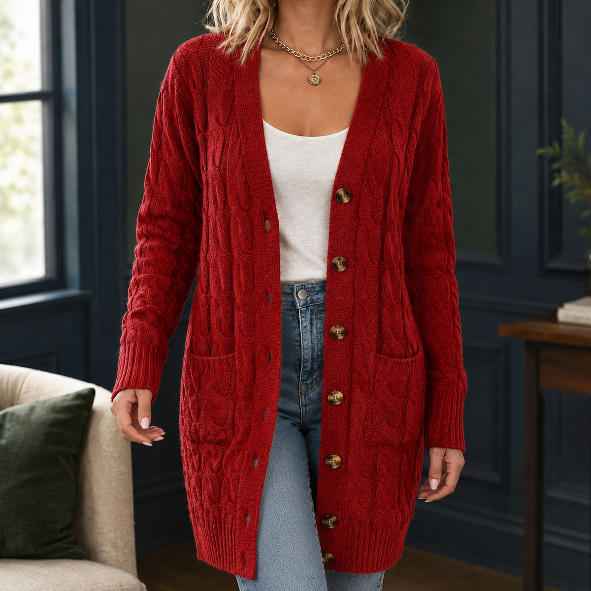 Paloma Cable Knit Cardigan - Rust Red