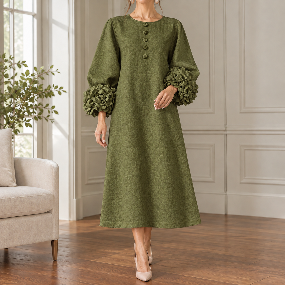 Bianca Floral Cuff Dress - Green