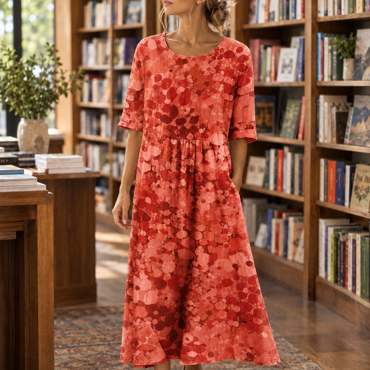 Michelle Gathered Waist Dress - Brick Red
