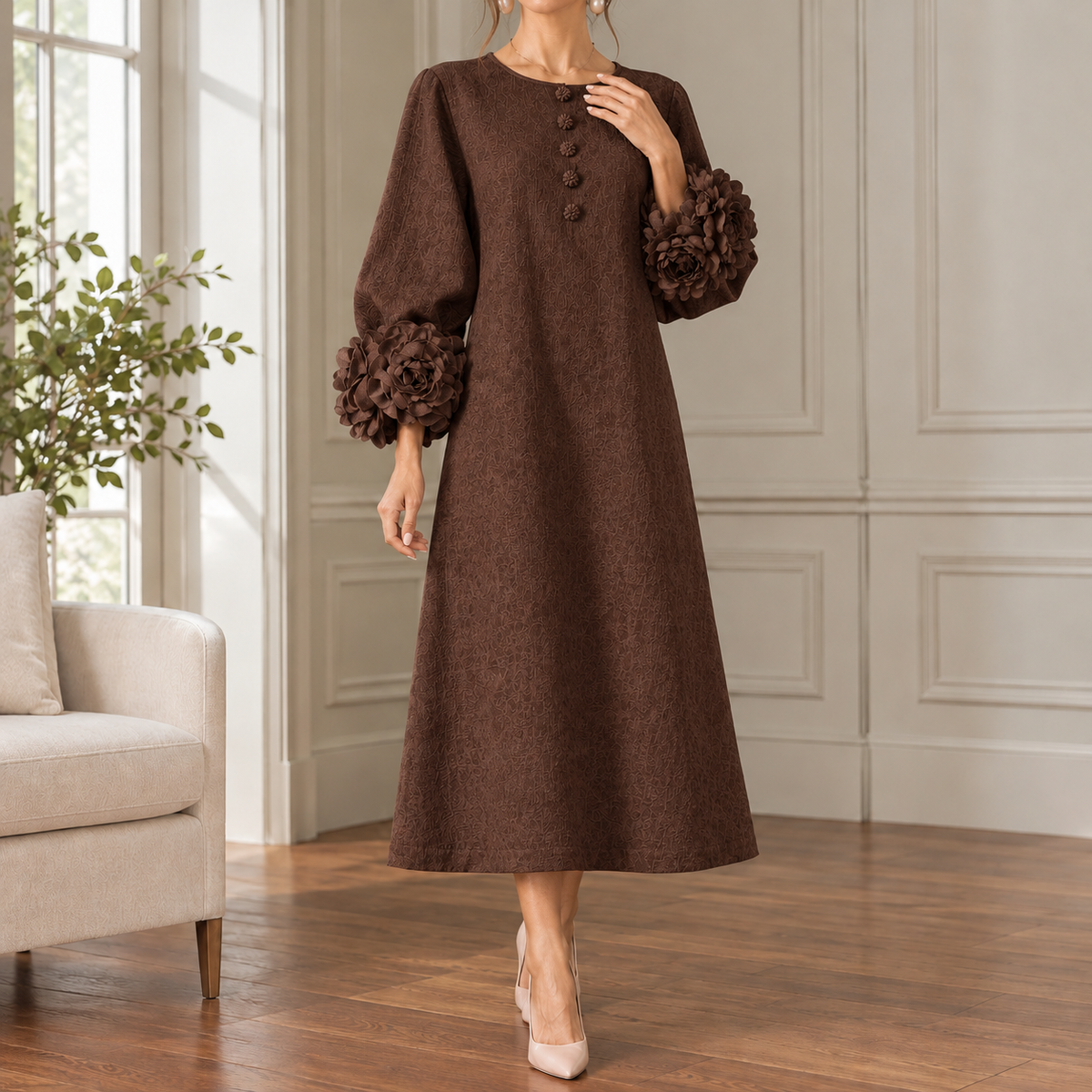 Bianca Floral Cuff Dress - Brown
